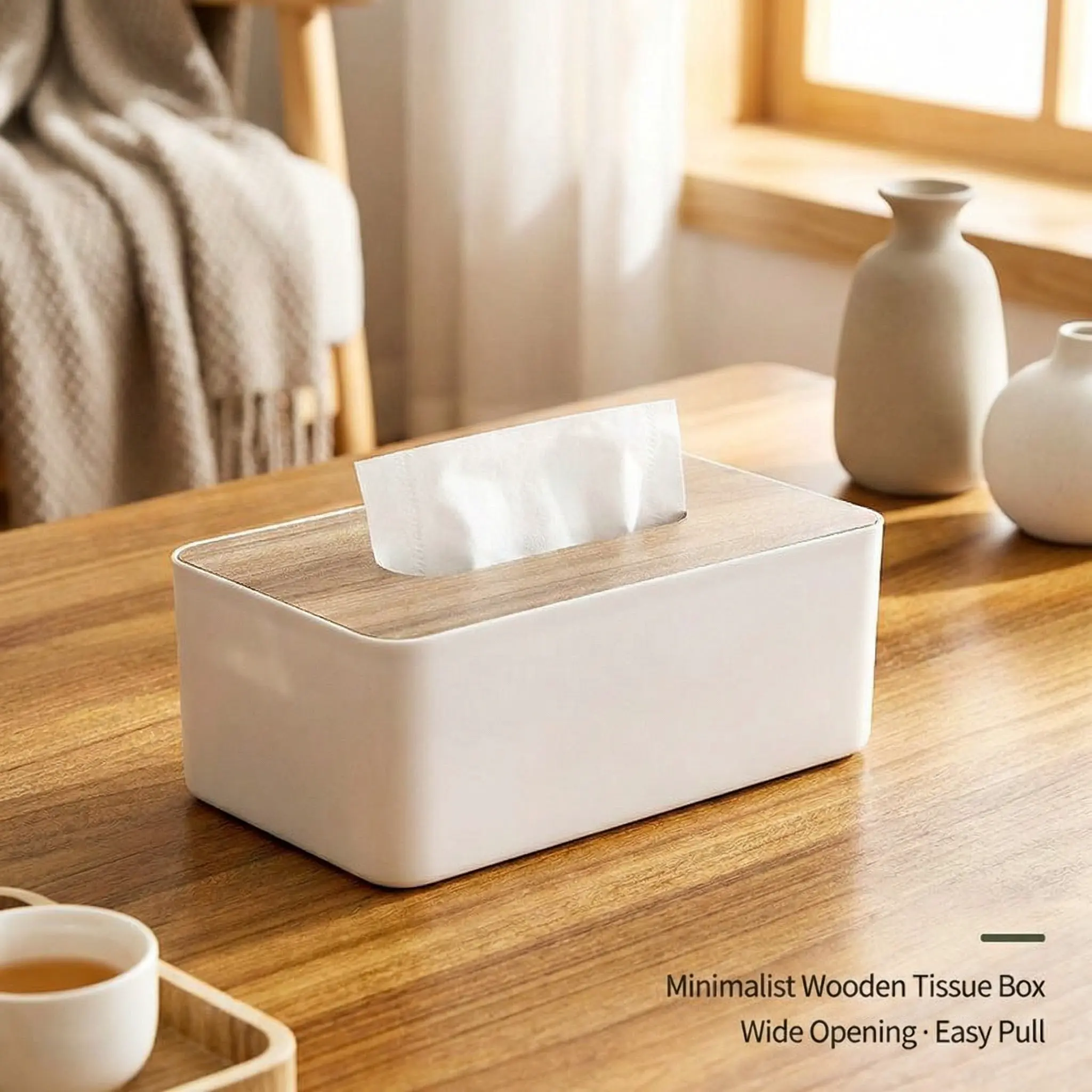 Bathroom Tissue Holder Box - Modern, Lightweight, Minimalist Design, Removable MDF Wooden Lid, Plastic PP Base, Wide Opening, Easy Pull, Easy Refill