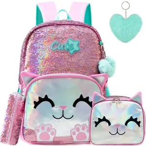Chic Ergonomic Backpack Cute Vibrant Waterproof Lightweight Fits 17" Folder & 31 oz Water Bottle SpringStatement with Cat Design and Pom Pom pencil case comfortable toddler gift school bag