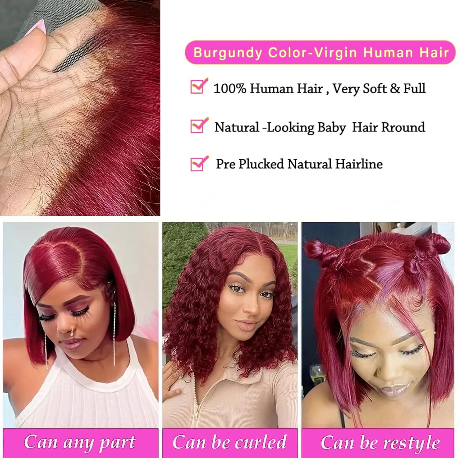 Human HaIr Wigs 13x4 Lace Front Wigs for Black Women 99j Burgundy Bob Wig  Straight Burgundy Human Hair Pre Plucked 180% Density Transpaent Lace Frontal Wig 99j Short Bob 10 inch