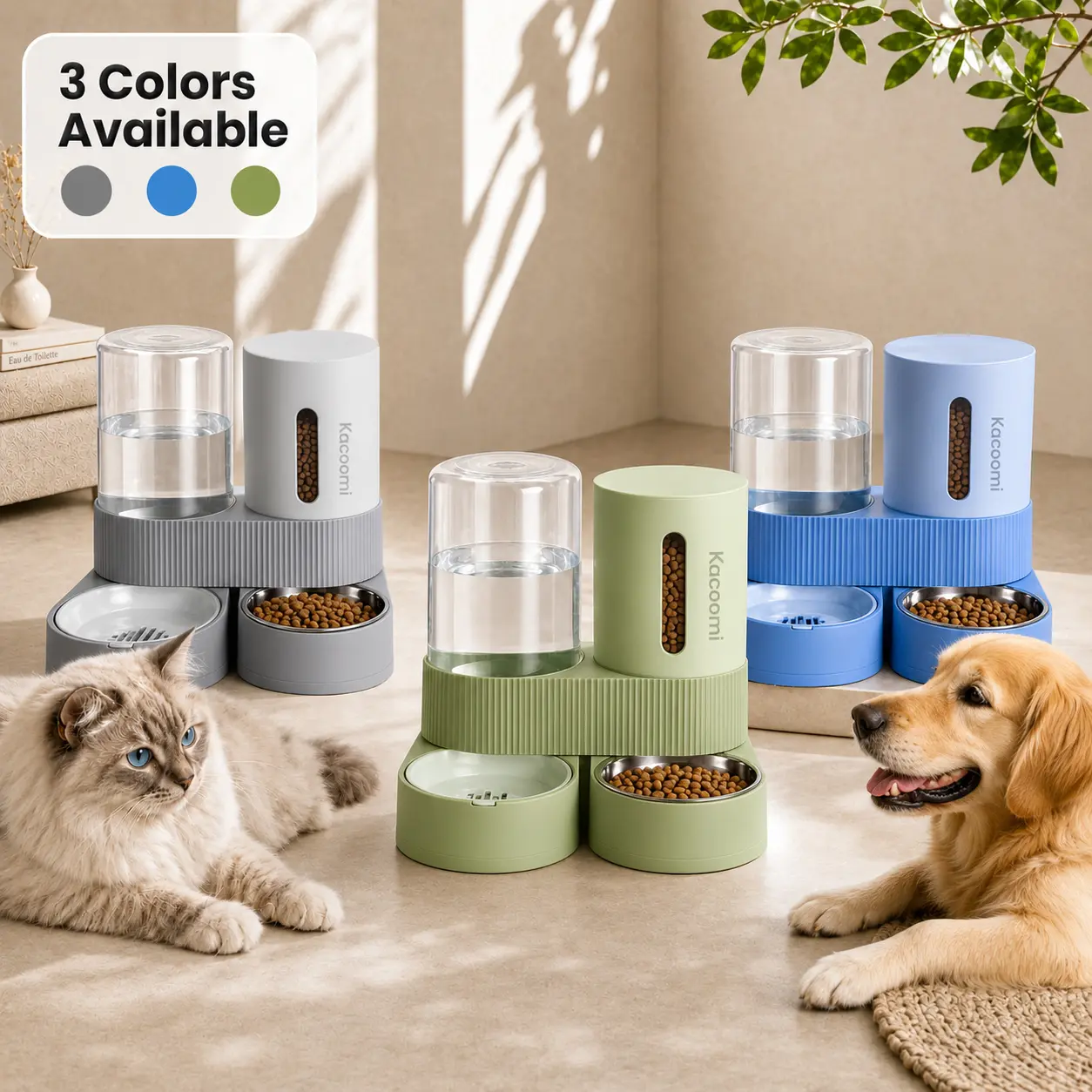 Kacoomi 2-Pack Automatic Gravity Feeder & Water Dispenser Set for Cats - 2.4L Gravity-Powered Auto Refill Water, 88oz Mess-Free Food, Large-Capacity Stainless Steel Bowl for Small Dogs