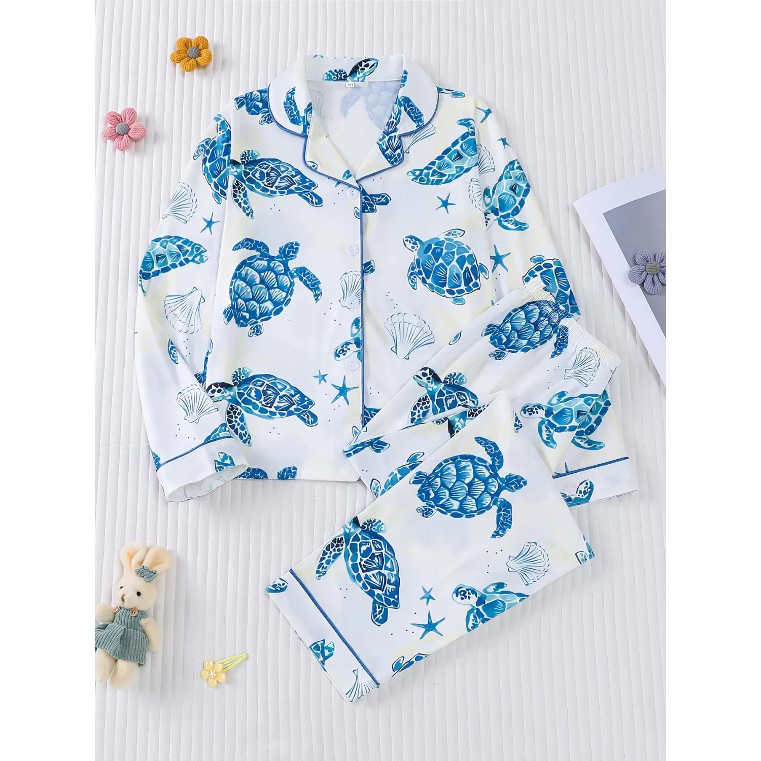 This Is a Two-Piece Set of Soft And Breathable Long-Sleeve Pajamas for Boys And Girls Featuring Adorable Sea Turtles. It'S a New Autumn-Winter Collection with Flame-Retardant Properties