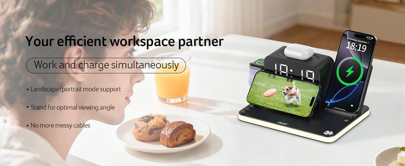 Acer 7 in 1 Wireless Charging Station Charger with LED Night Light, Bluetooth Time Sync Clock & Temperature Display, USB-A & USB-C, Magnetic MagSafe – for iPhone, Android Phone, Apple Watch & AirPods, Gift