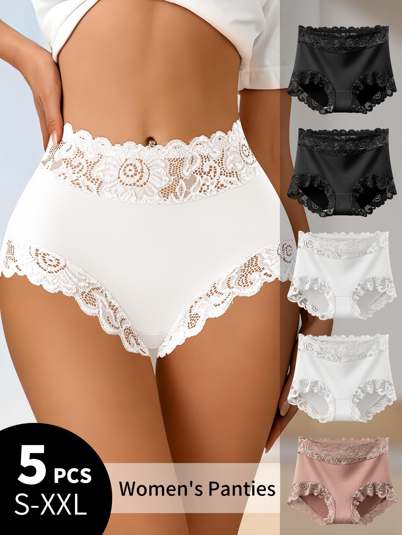 QUASTI 5 Piece Mid-Waisted Contrast Lace Underwear For Elegant Ladies - Full-brief Semi-Sheer Panties with High-Waistband, Soft Stretch Comfortable & Elegant Lace Lingerie, S-XXL SpringStatements