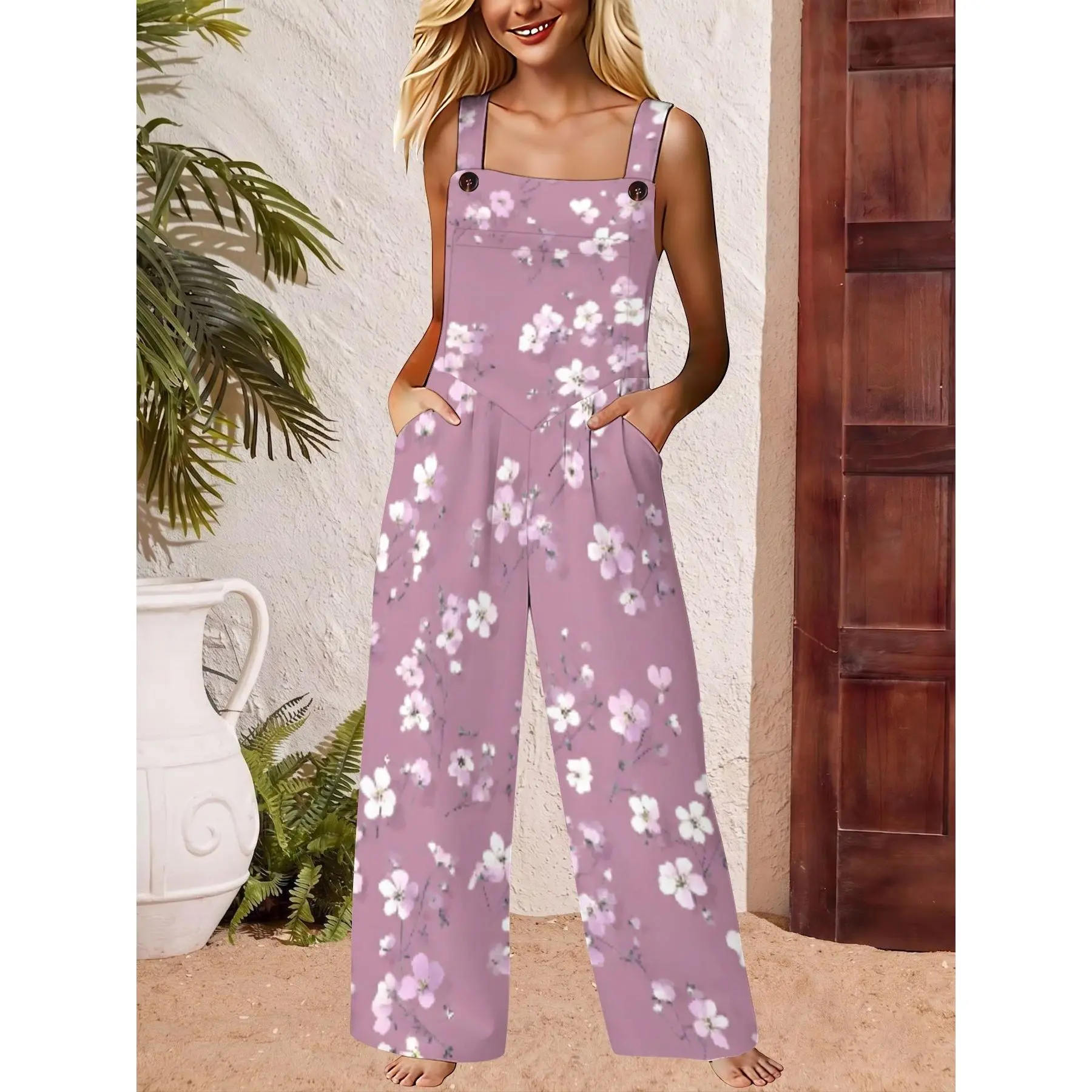 Womens Dusty Purple Cherry Blossom Floral Print Spaghetti Strap Wide Leg Jumpsuit With Side Pockets Soft Lightweight Casual Loose Fit Boho Cottagecore Streetwear Holiday Beach Vacation Overalls