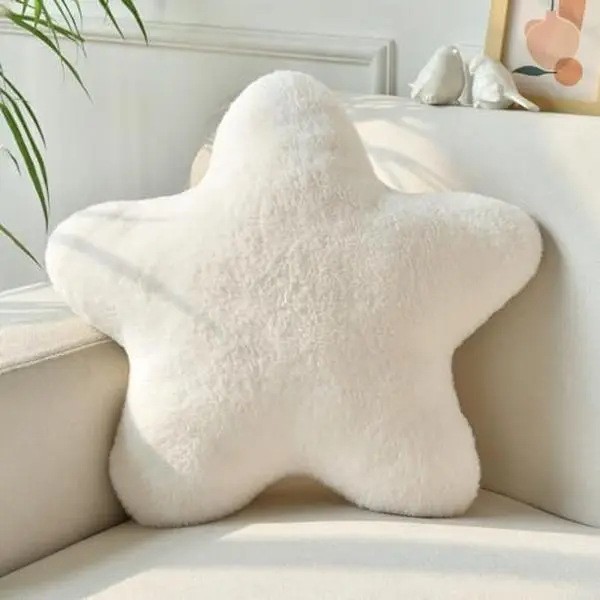 Star Pillow, Decorative Throw Pillows for Bed Couch, 15" Star Shaped Pillow Plush Floor Cushions Room Decor Pillow with Soft Faux Rabbit Fur for Sofa Bedroom Living Room-Ivory White