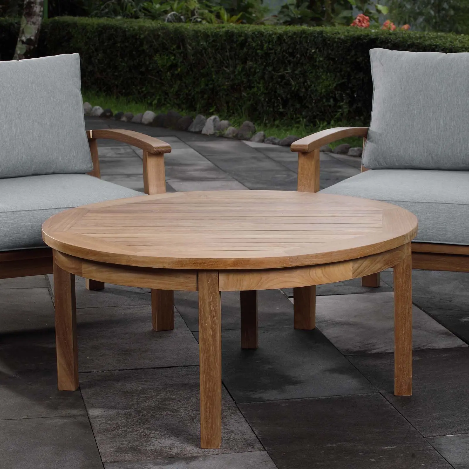 Modway Marina Outdoor Teak Wood Round Coffee Table - Natural, Modern Garden Pedestal Table, All Seasons Weatherproof Outdoor Furniture, Assembly Required, Withstands Extreme Weather, Includes Wood Dust Management, Withstand Extreme Weather, Outdoor Safe T
