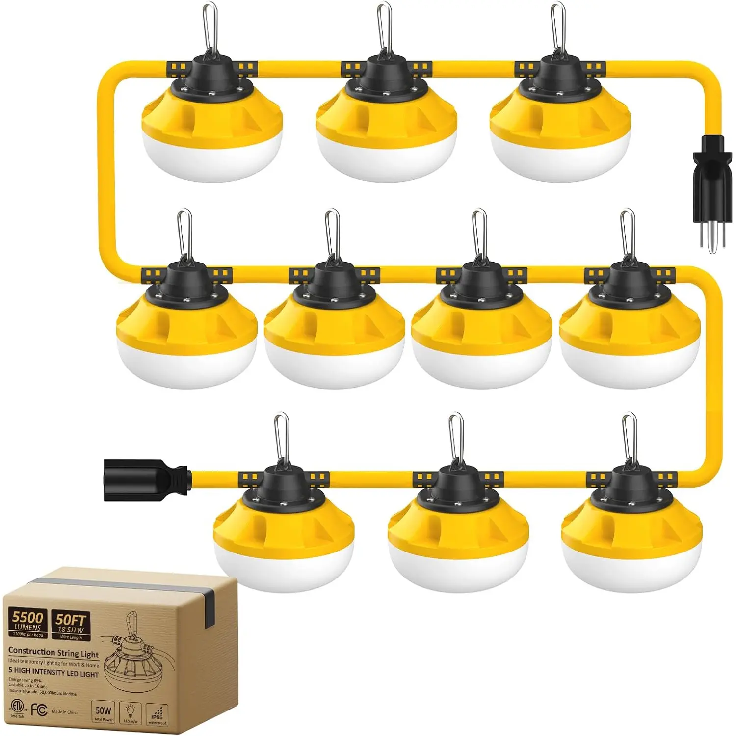 100FT LED Construction String Lights, 100W 11000LM, 10 Sockets, Linkable Up to 16 Sets,Temporary Work Light for Job Site Workshop