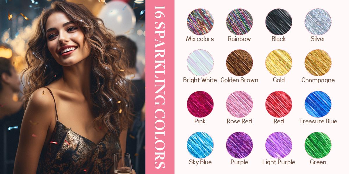 16 Colors Tinsel Hair Extensions , Fairy Hair Tinsel for Women & Girls Easy Apply Hair Highlights for Birthday Christmas New Year Party
