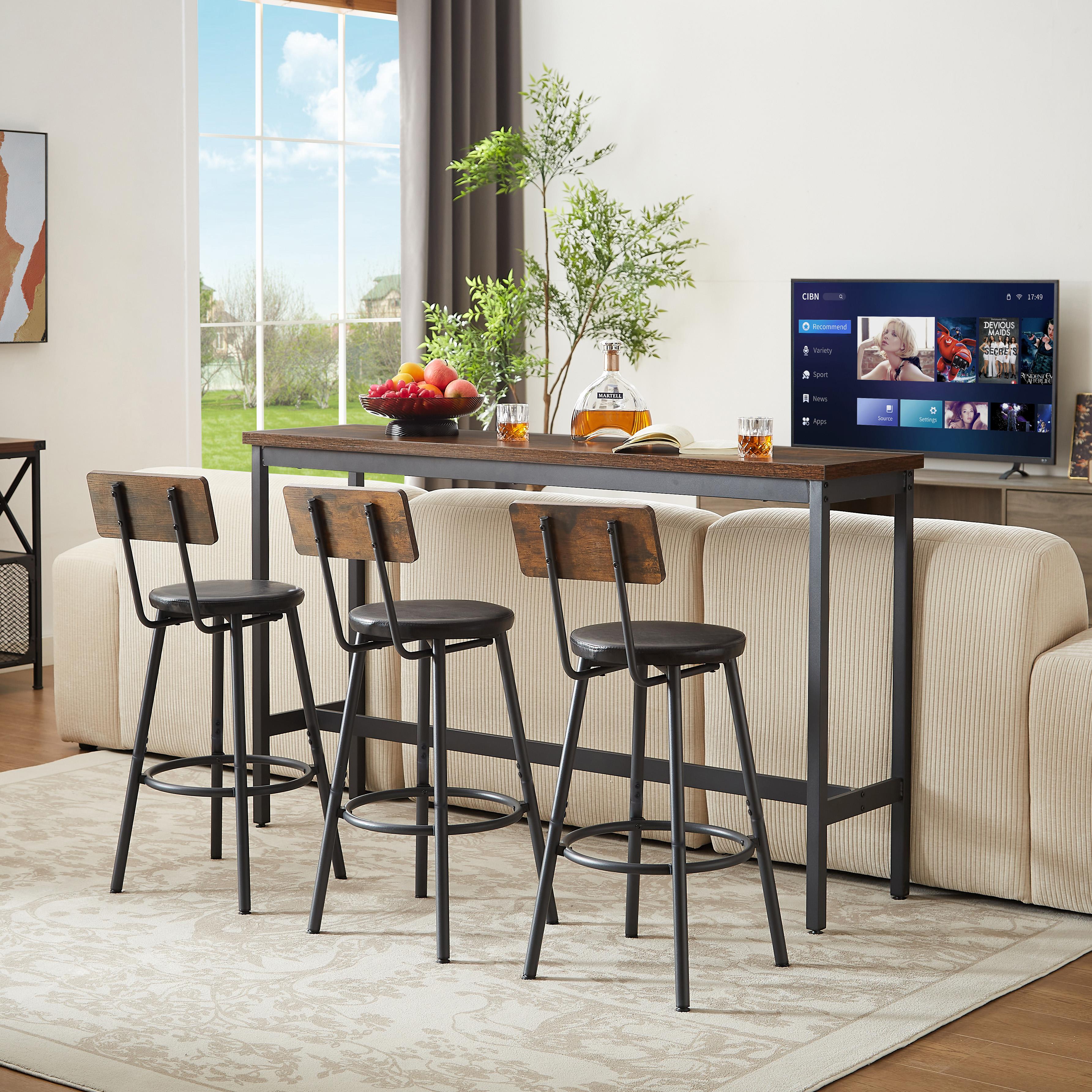 Long Bar Table Set with 3 PU Upholstered Bar Stools, Industrial Bar Table and Chairs for Kitchen Breakfast Table, Living Room, Banquet Hall, Rustic Brown and Black, 63″L x15.7"W x 37.5"H Long Bar Table Set with 3 PU Upholstered Bar Stools, Industrial Bar Table and Chairs for Kitchen Breakfast Table, Living Room, Banquet Hall, Rustic Brown and Black, 63″L x15.7"W x 37.5"H