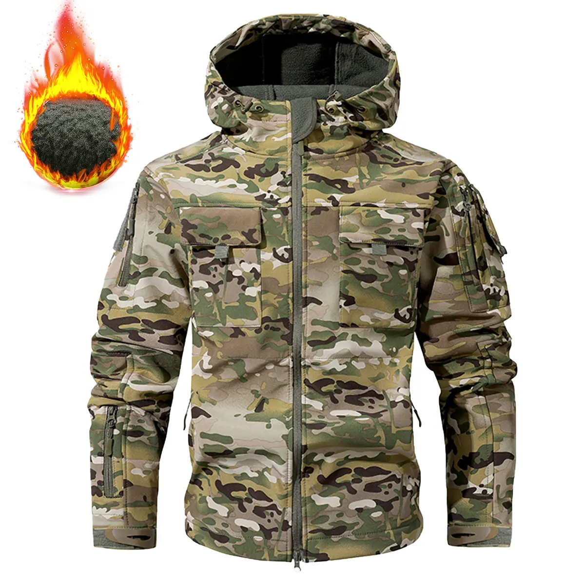 Men's Fitted Long-Sleeve Polyester Camouflage Softshell Hooded Workwear Jacket - Thick, Waterproof, Wear-Resistant, Cold-Proof, Warm, Multi-Pocket Fleece-Lined Pull-On Outdoor Coat for Autumn Winter, M