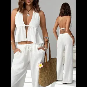2 Pieces Outfits Tie Up Halter Neck Backless Tank And Wide Leg Drawstring Pants Set Clubwear, Vacation Outfits Women, Beach Outf