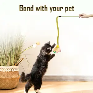 Bond with your pet Colorful Nylon Teaser Wand for Happy Cats Yellow Flexible Tube Flying Bug Toy with Soft Bouncy Tube and Fluttery Bug Petals