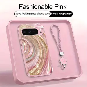 Luxury Rose Gold Swirl Phone Case with Flower Lanyard, Glitter Pink Art Aesthetic Cover for Google Pixel 9 Pro XL — 975
