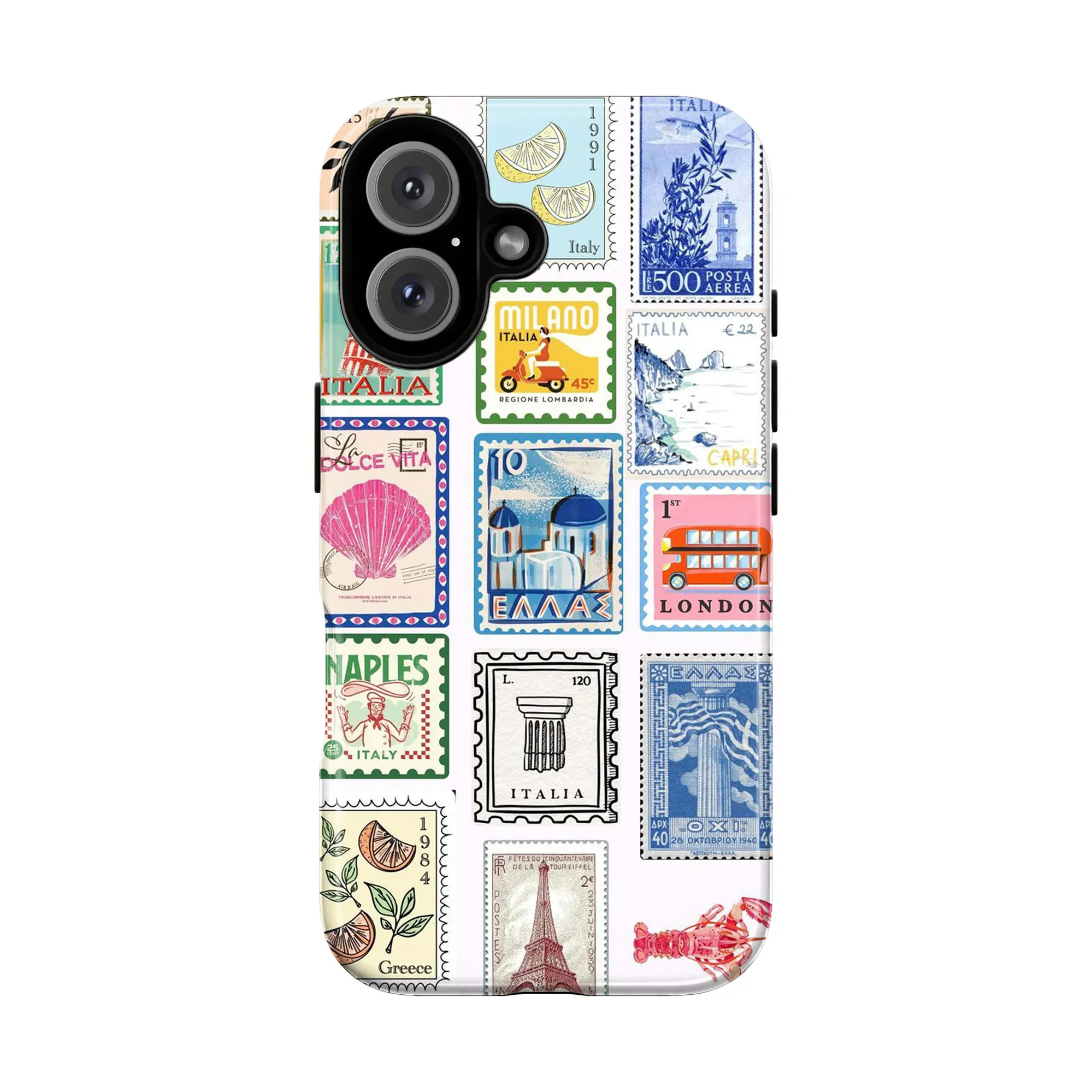 World Travel Stamp Collage Phone Case for IP 16 15 14 13 12 11 Pro Max XR Xs 6 7 8 Plus SE, Retro Travel Art & City Postmark Collage Phone Case, Shockproof Heavy Duty Protective Cover, Aesthetic Wanderlust Tough Case