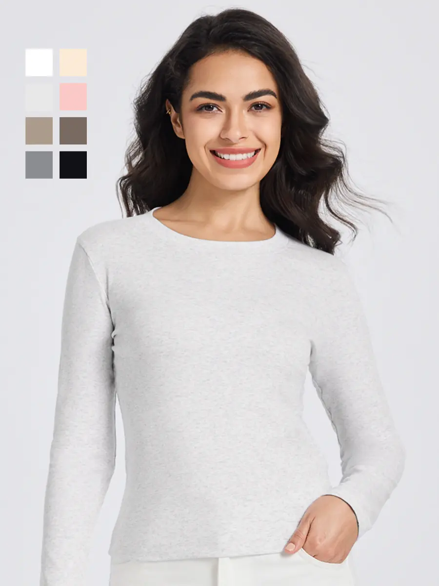 MIDMX Women's Long-Sleeve Round Neck Cotton Ribbed Fitted T-Shirt - Basic Must-Have Clothes for Casual Minimalist Wear (White)