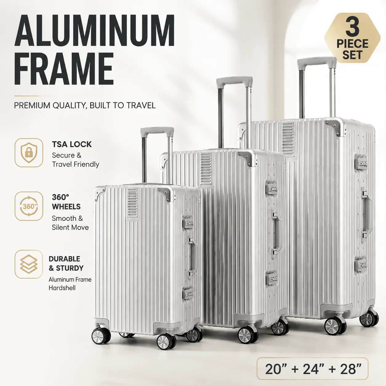 Premium Zipperless Aluminum Alloy Luggage Sets, 3-Piece Multi-Size Hardshell Suitcases (20/24/28 in) with Buckle Fasten, TSA Lock, Silent Spinner Wheels for Travel & Business Trip - Gold sohochic
