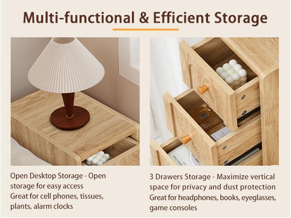 Giratree Small Nightstand with 3 Drawers, Narrow Bedside Table Vintage Skinny Night Stand with Storage, Wood Slim Side Table for Bedroom, Small Spaces, Living Room