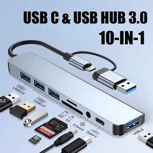 USB C Hub 10 in 1 Splitter Expander 8 Port Multiport Adapter 4 USB 3.0 Ports 1 USB-C Jack TF/SD Card Reader 3.5mm Aux Ports Audio Aluminum Output for iPhone 16 17 For MacBook Pro/Air For iPad iMac XPS Thinkpad Laptop Galaxy Phones High-Speed Data Transfer
