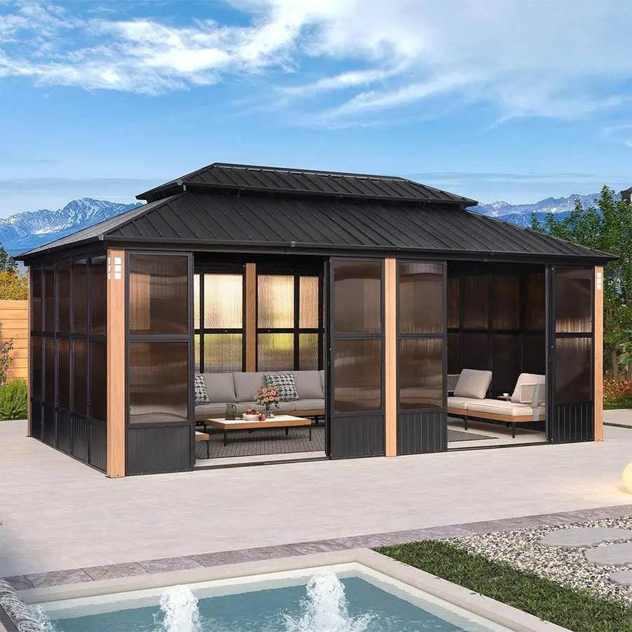 PURPLE LEAF 12'x20' Hardtop Gazebo, Sturdy Windproof Galvanized Steel Wood Grain Aluminum Frame, Stable Outdoor Patio Backyard Hot Tub Shelter