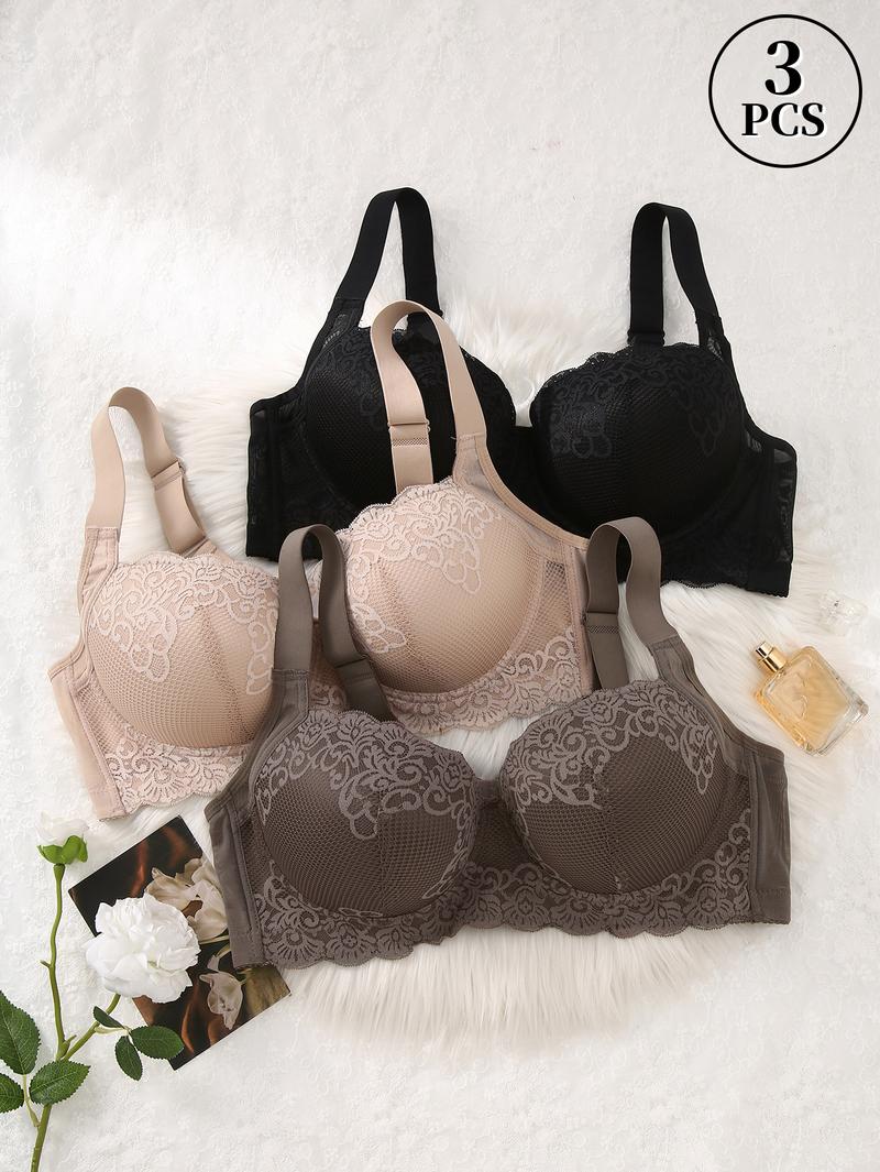 Mimilemon 2PC  Plus Size Lace Push up Bra Comfort Padded Underwire Smoothing Wide Strap Full Coverage Minimizer T-shirt Bra Elegance Chic Womenswear Everyday Everyday Everyday