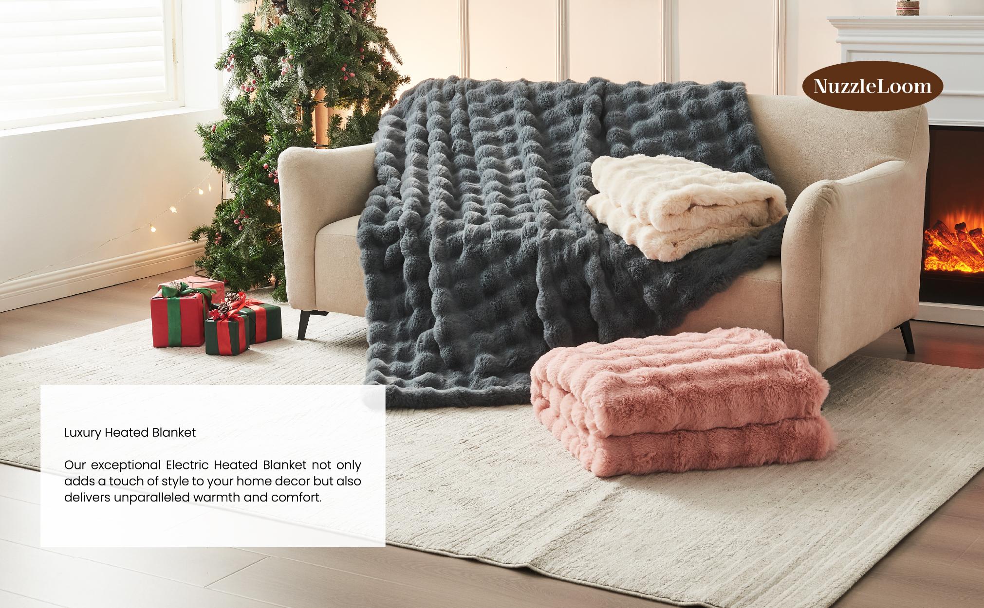 NuzzleLoom-Heated Blanket Throw, Fast Heating Electric Blanket Ultra-Soft Faux Rabbit Fur with 5 Heat Levels & 5H Auto Shut-Off, Overheat Protection, Machine Washable