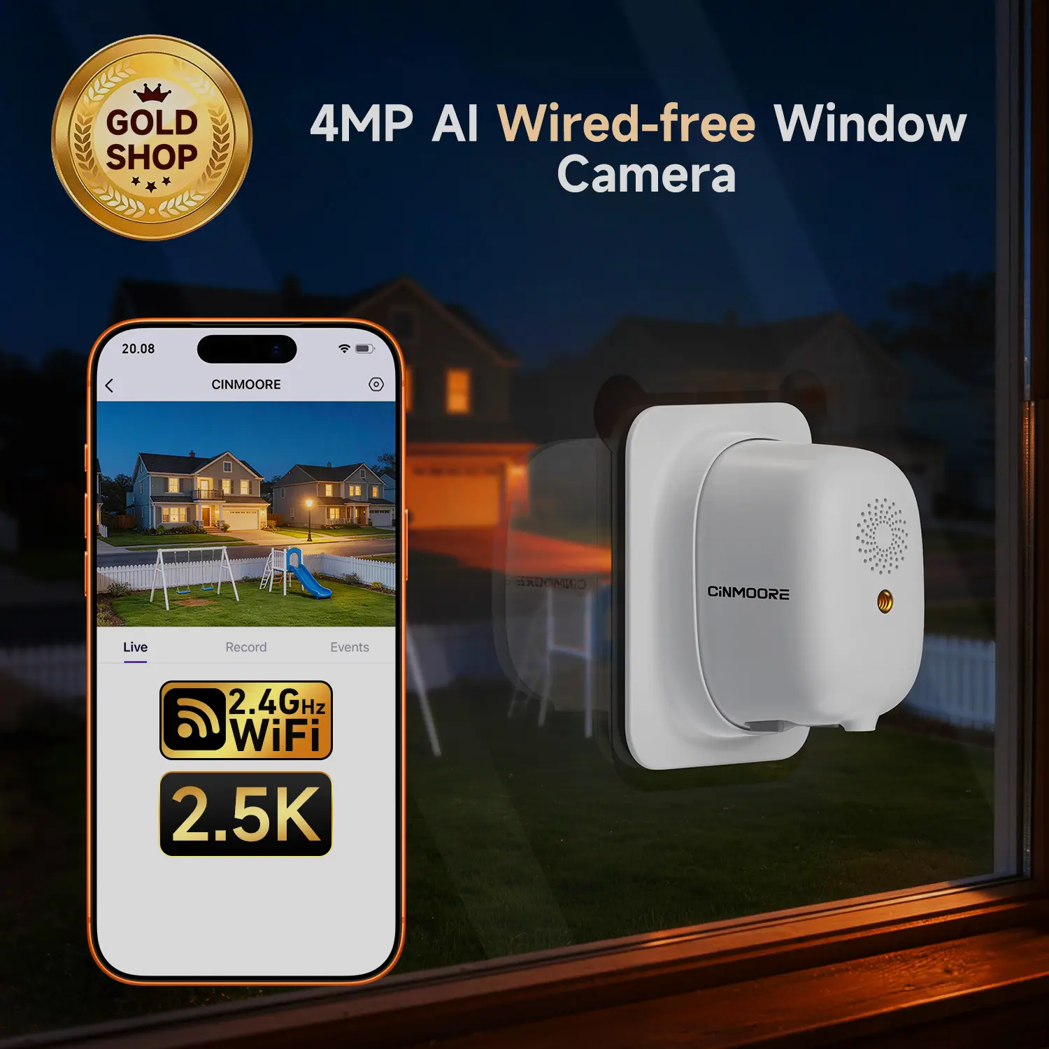 CINMOORE Wireless Window Security Camera 4MP 2.5K , Indoor WiFi Cameras 2.4GHz WiFi with  Cinmoore  AI Color Night Vision,Person & Motion Detection,24/7 Recording,Easy & Quick Install,SD Card&Cloud Device