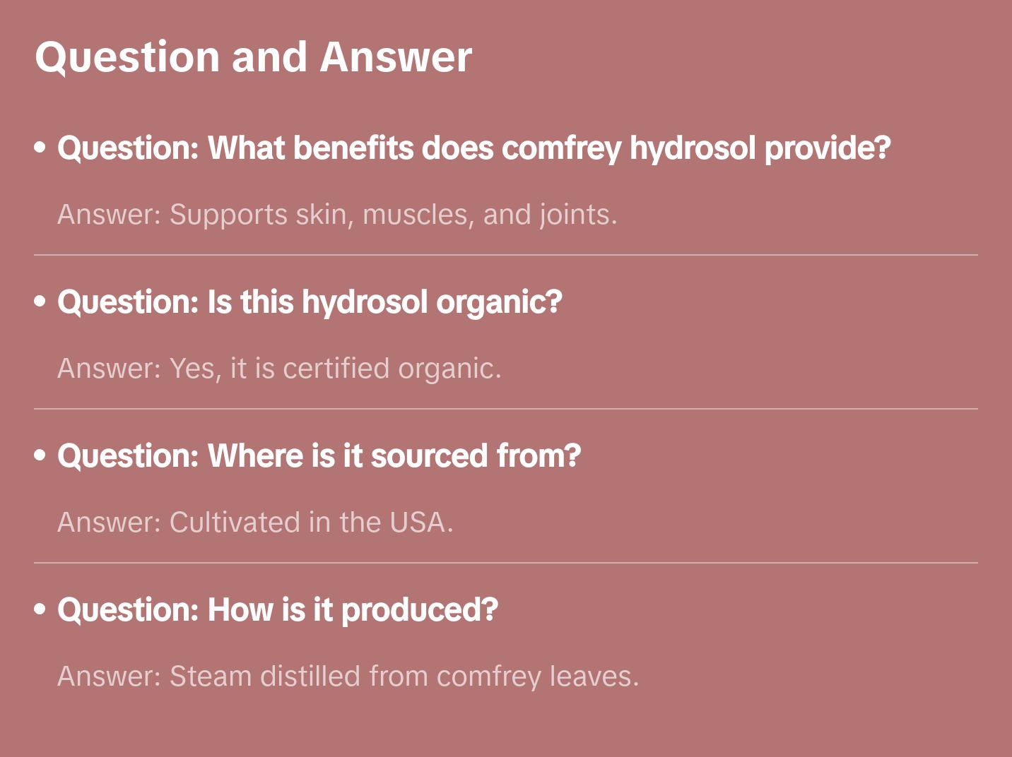 Comfrey Hydrosol Organic Skincare for Aromatherapy and Wellness