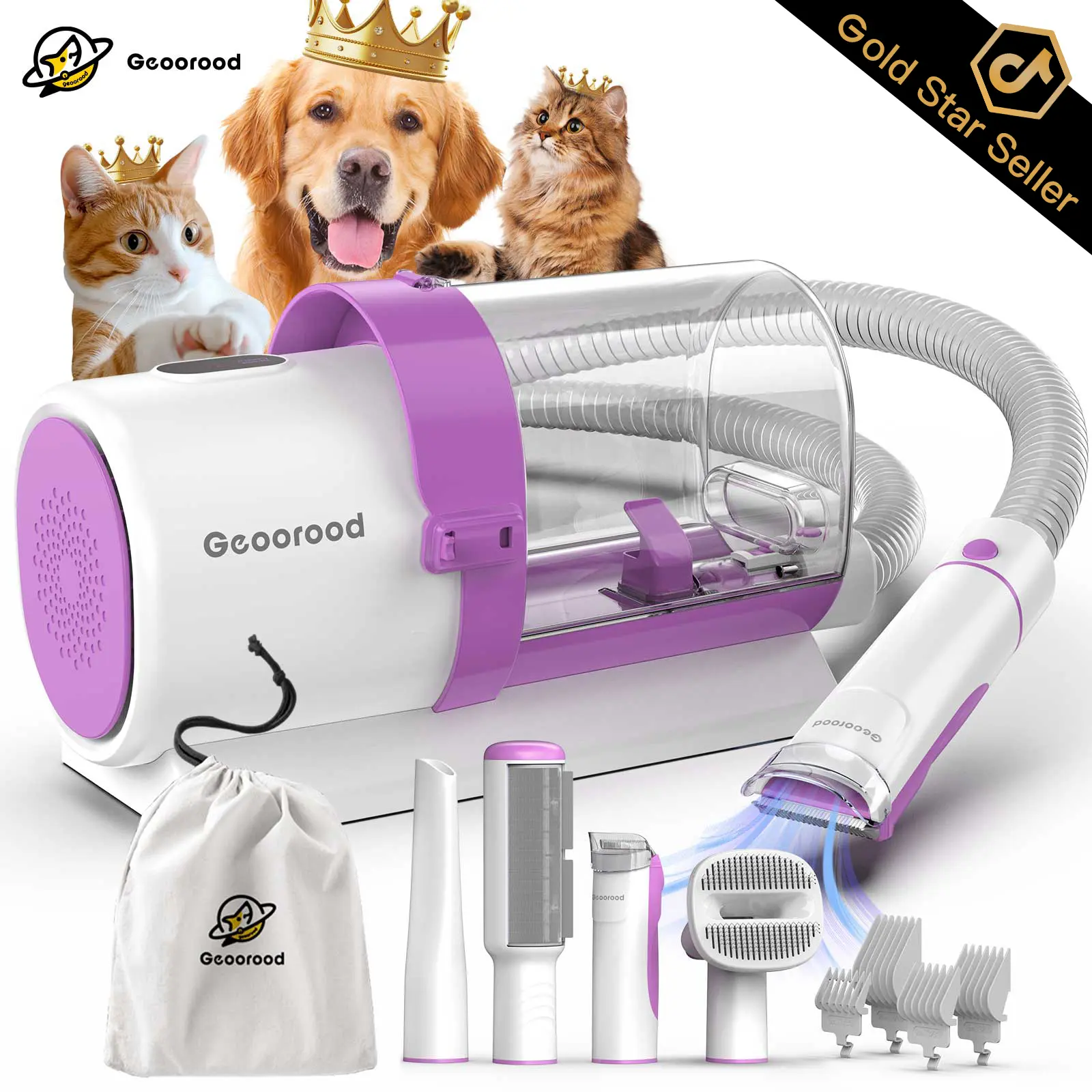 【Geoorood】 Geoorood Dog Grooming All-in-One Kit with Vacuum Brush 2.5L Large Pog, Stainless Steel Blades Lightweight Design 13KPa Suction Force Portable Cleaning Set#DealsforYouDays #SummerWins
