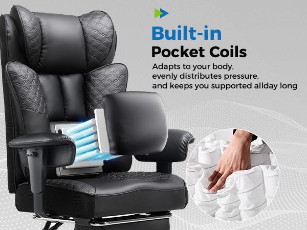GTPLAYER Big and Tall Office Chair 400LBS Wide Ergonomic Gaming Chair with Deluxe Embossing Designed Leather, 150° Reclining, Adjustable Soft Armrests, Pocket Spring Back Support, and Pillow