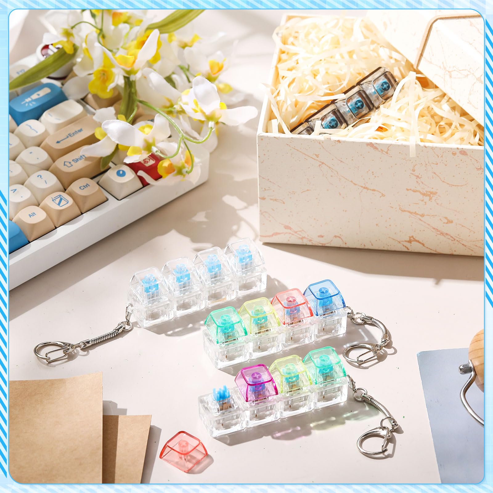 4/5 Pcs Keyboard Fidget, 4-In-1Decompression Button Keychain, Stress Relief Finger Clicker in 5 Styles, Valentines Galentines Gift for Office School Home to Pass The Time, Galentine Party Favor Valentine Basket Filler