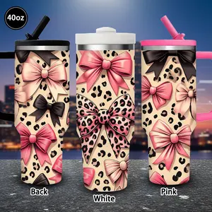 Leopard Print Bow Pattern Tumbler with Lid and Straw, 40oz, Stylish and Playful Design, Winter Insulated Travel Mug, Perfect Gift for Women and Men, Ideal for Valentine’s Day, Birthday Present, Coffee Cup for Office