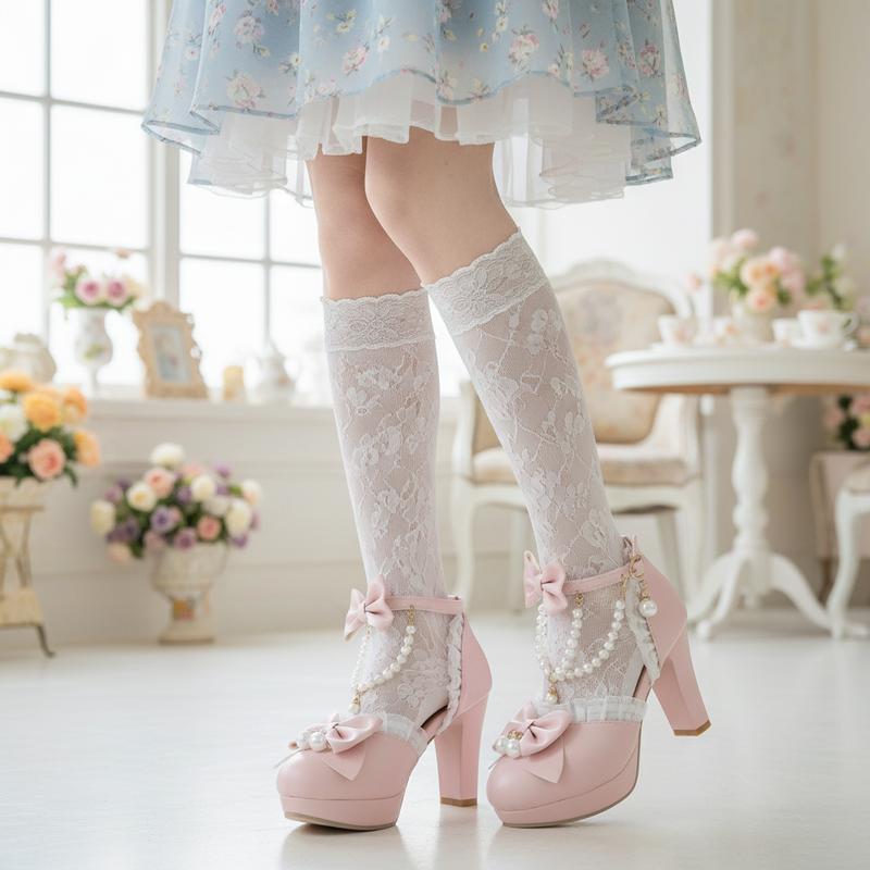 Womens Mary Jane Lolita Pumps Round Toe Platform Chunky High Heels Bow Ankle Strap Pearl Chains Party Gifts for her Wedding Dress Kwaii Cute Shoes Valentine Party Heels