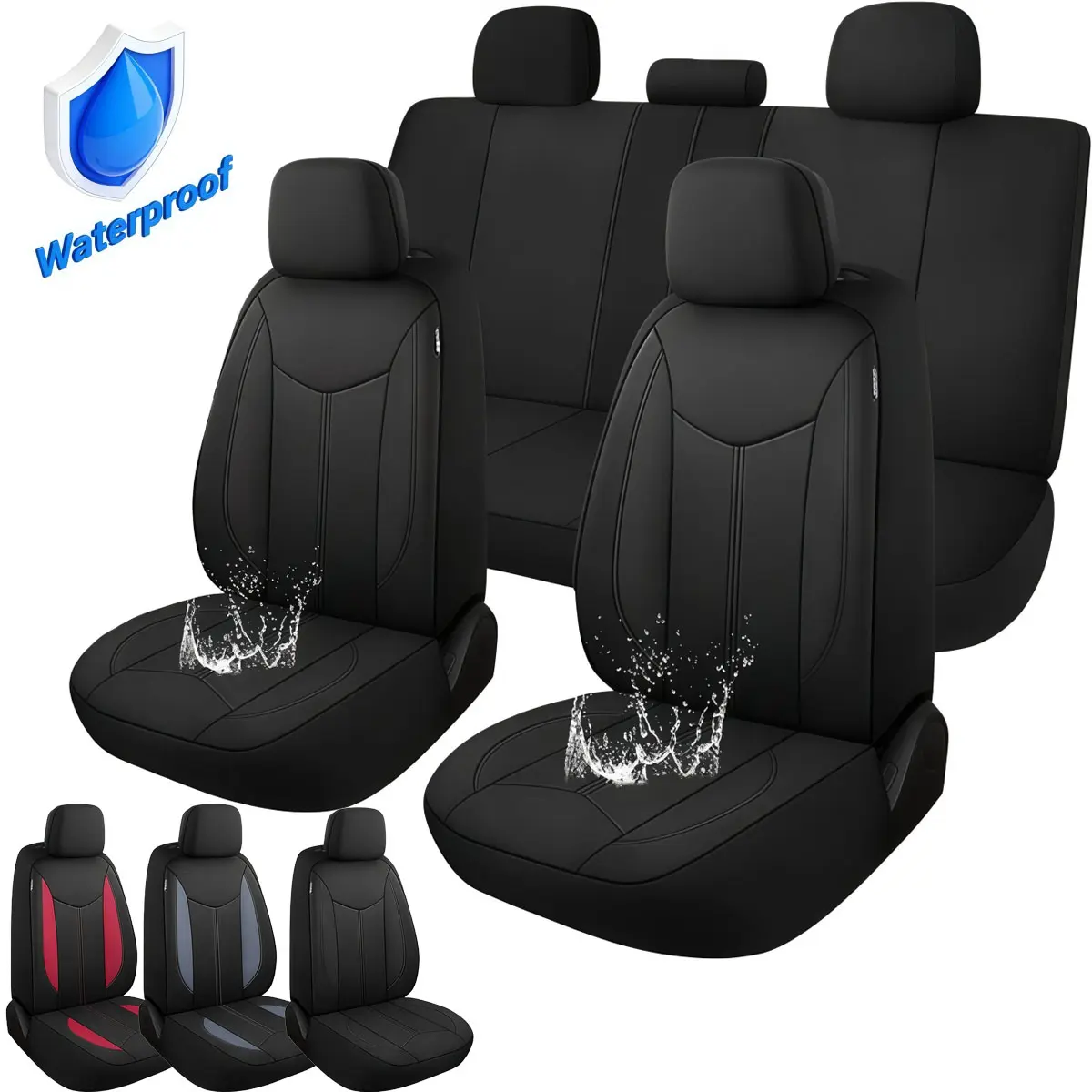 Neoprene Waterproof Car Seat Covers - Universal Fit Black Full Sets, Waterproof Automotive Upholstery Protectors for SUVs, Vans, Sedans, Cars Accessories Interior with Sporty Front Seats Coverage