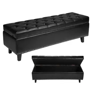 Black Button-Tufted PU Leather Storage Ottoman Bench with Solid Wood Legs - Modern Entryway & Bed End Bench for Living Room, Dining Room