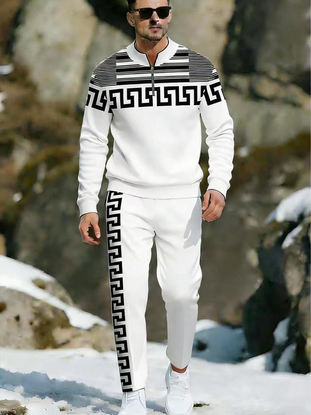 Fashionable business casual men's half zip sportswear with letter pattern slim fit two-piece set, equipped with stand up collar design, suitable for work and leisure occasions