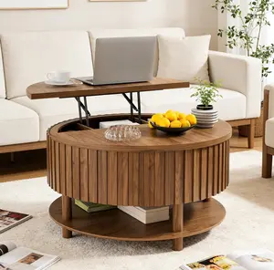 Round Lift Top Coffee Table with Storage, Mid Century Modern 2-Tier Circle Coffee Table with Hidden Compartment & Open Shelf, Fluted Wood Center Table for Living Room, Office (Walnut)