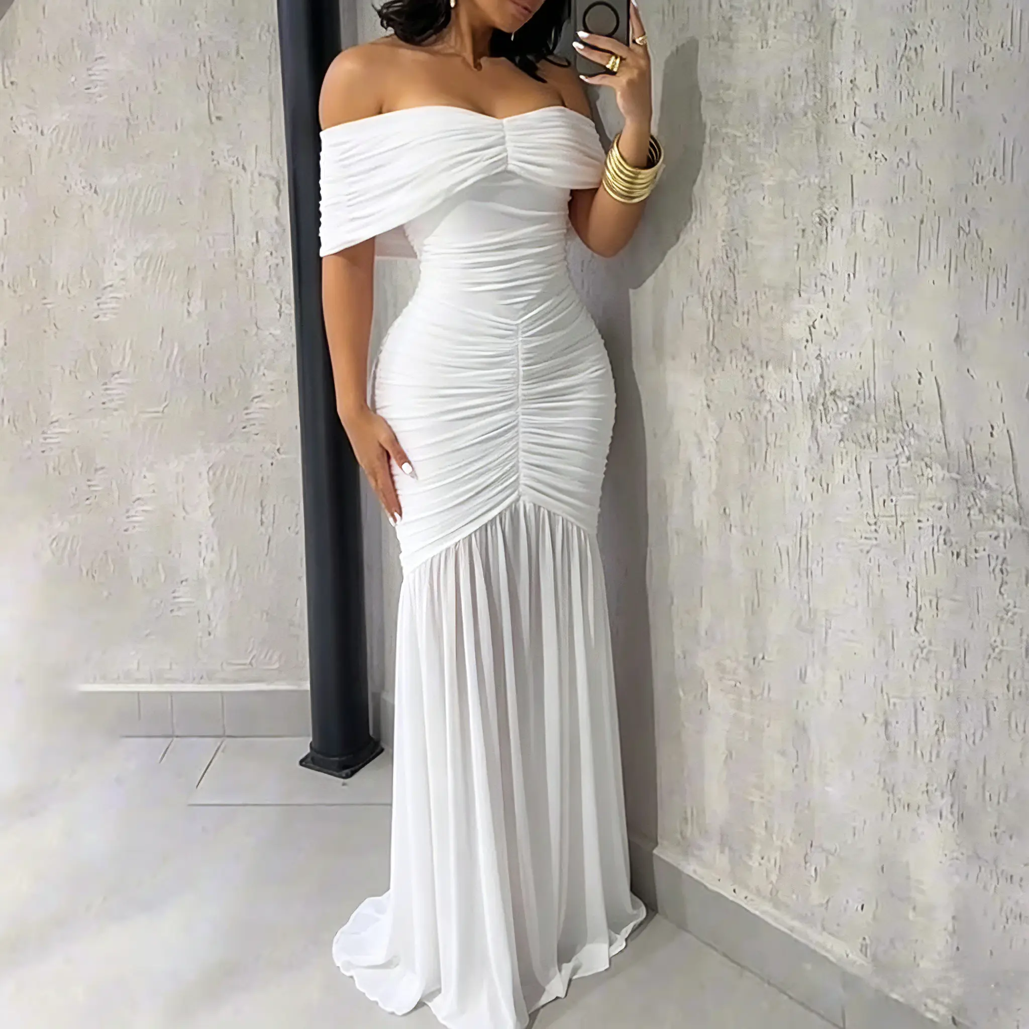 CHICME Women's Graduation Elegant Dress Slim Fit Off Shoulder Evening Dress Ruched Mermaid Hem Maxi Dress for Wedding Guest, Formal Event & Special Occasion