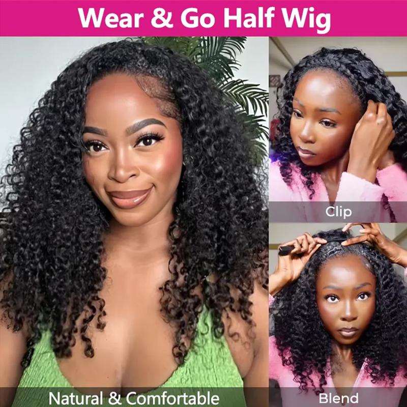 Half Wig Human Hair Wigs 250% Half Wig Kinky Curly Human Hair Wigs 3 In 1 Invisible Hairline With Drawstring Seamless