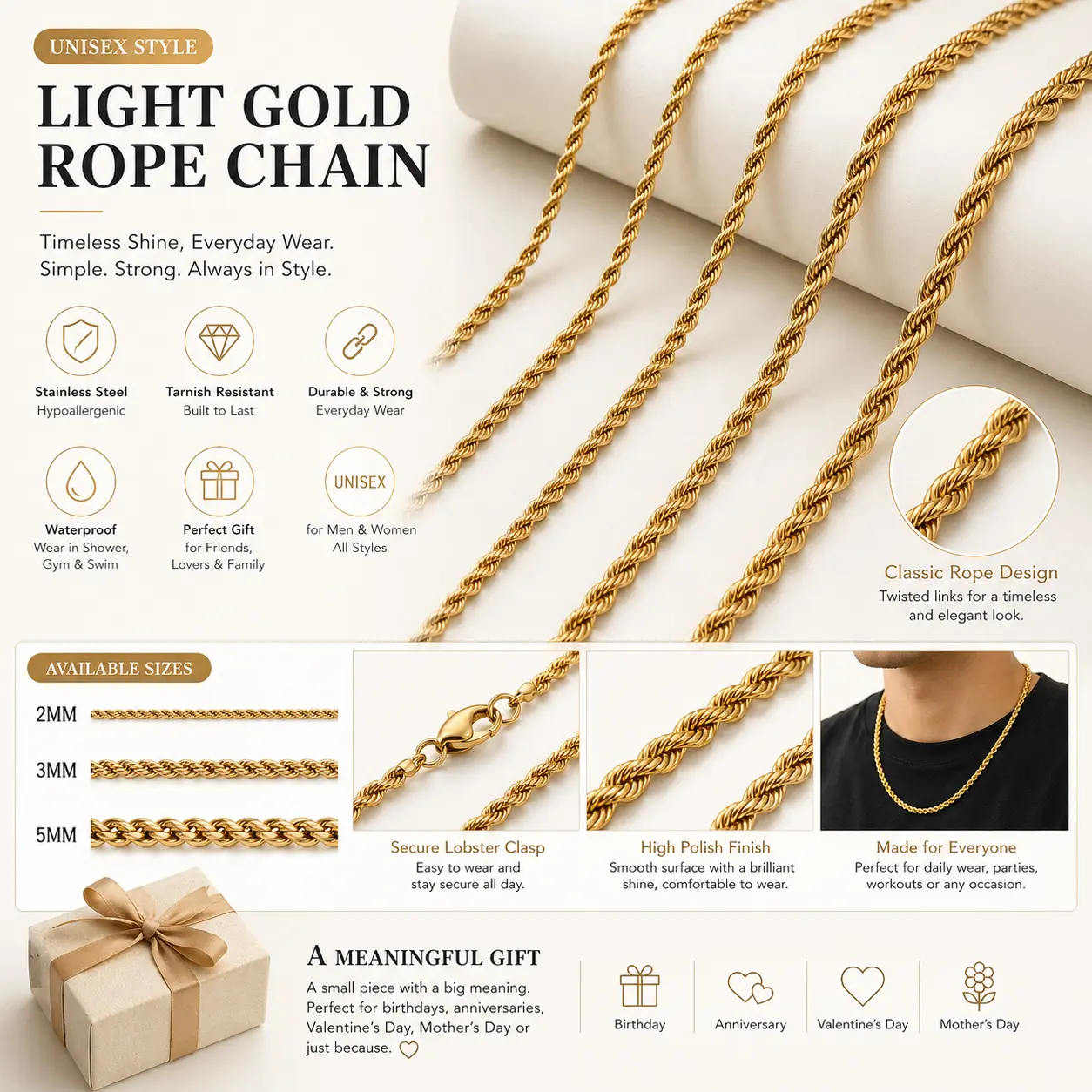 14K Gold Stainless Steel Twisted Rope Chain Necklace | Available in 2/3/5mm Widths and 18–24 Inch Lengths, Unisex Geometric Shiny Fashion Accessory, Perfect for Layering, Ideal Gift Choice, Suitable for Everyday Wear
