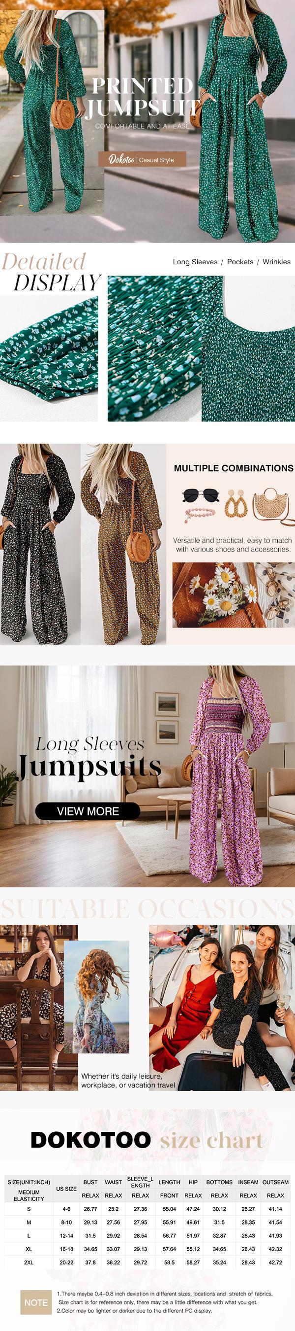 Dokotoo Women's Casual Loose Cowl Jumpsuit Jumpsuit Long Sleeve Printed Wide Leg Pants Jumpsuit with Pockets Dokotoo Women's Casual Loose Cowl Jumpsuit Jumpsuit Long Sleeve Printed Wide Leg Pants Jumpsuit with Pockets