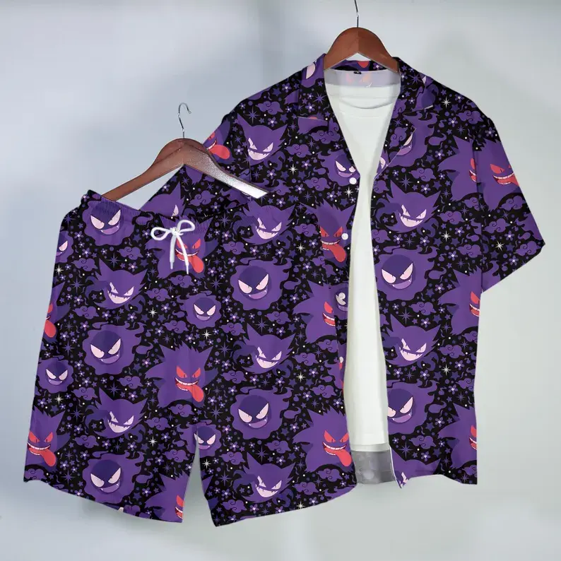 Geng@r Hawaiian Shirt Tropical Button Up Shirt Summer Beach Shorts Gh0st Pattern Matching Set Unisex Outfit Geng@r Shirt Gifts