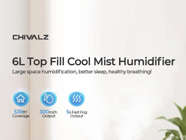 CHIVALZ 6L Top Fill Humidifiers for Bedroom, Large Room, Baby Nursery & Plants, Oil Diffuser, 360° Nozzle, Anti-dry Burn, White Diffuser for Deshumid