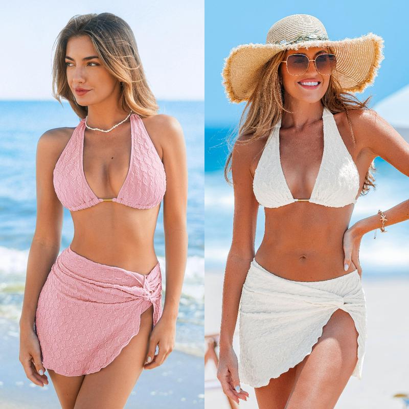 CUPSHE 【Valentine's Day】 3-PIECE SET | Textured Spandex Bikini & Sculpting Sarong Skirt - 2026 Deep V Neck Beachwear & Pool Party Swimsuit Plunging Neckline Bold