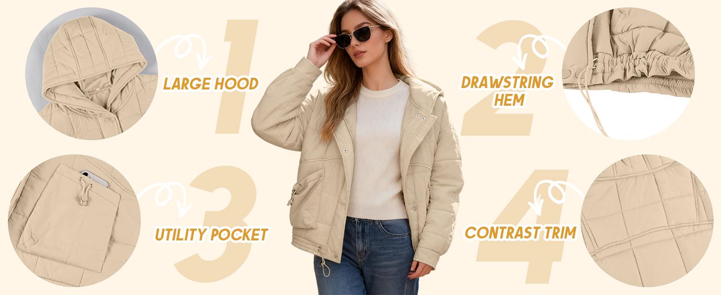Ommig Women's Quilted Winter Warm Short Puffer Jacket Long Sleeve Zip-up Cozy with Hoods and Pockets in Multiple Colors