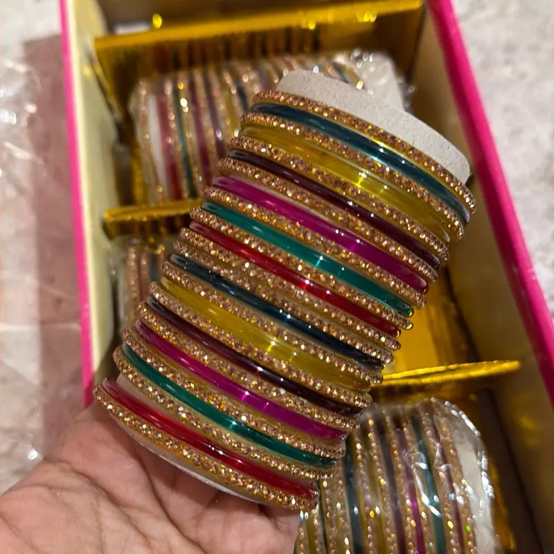 Bracelet Set – 26pcs Viral Glass Jelly Bangles with Gold Trim, Multicolor Bands, Women’s Jewelry Accessory
