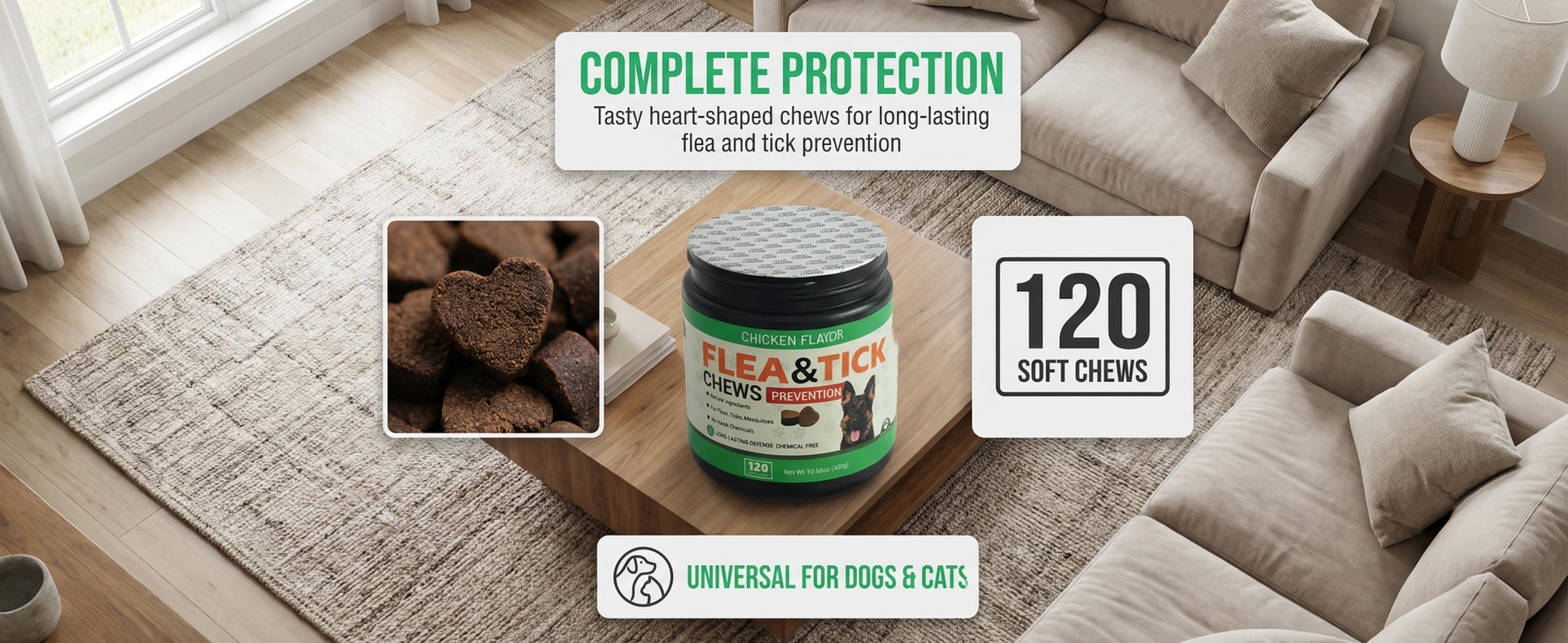 Dog Flea and Tick Prevention Chewable Tablets - Natural Flea and Tick Chewable Supplement - Oral for Dogs - Insect Repellent - All-Season Use - Suitable for All Breeds and Ages - 120 Soft Chewable Tablets