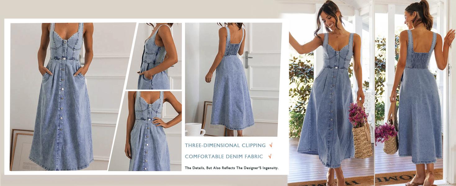 utcoco Denim Dress for Women Sleeveless Button Down Slim Fit Midi Jean Dresses for Women 2026 SpringStatements