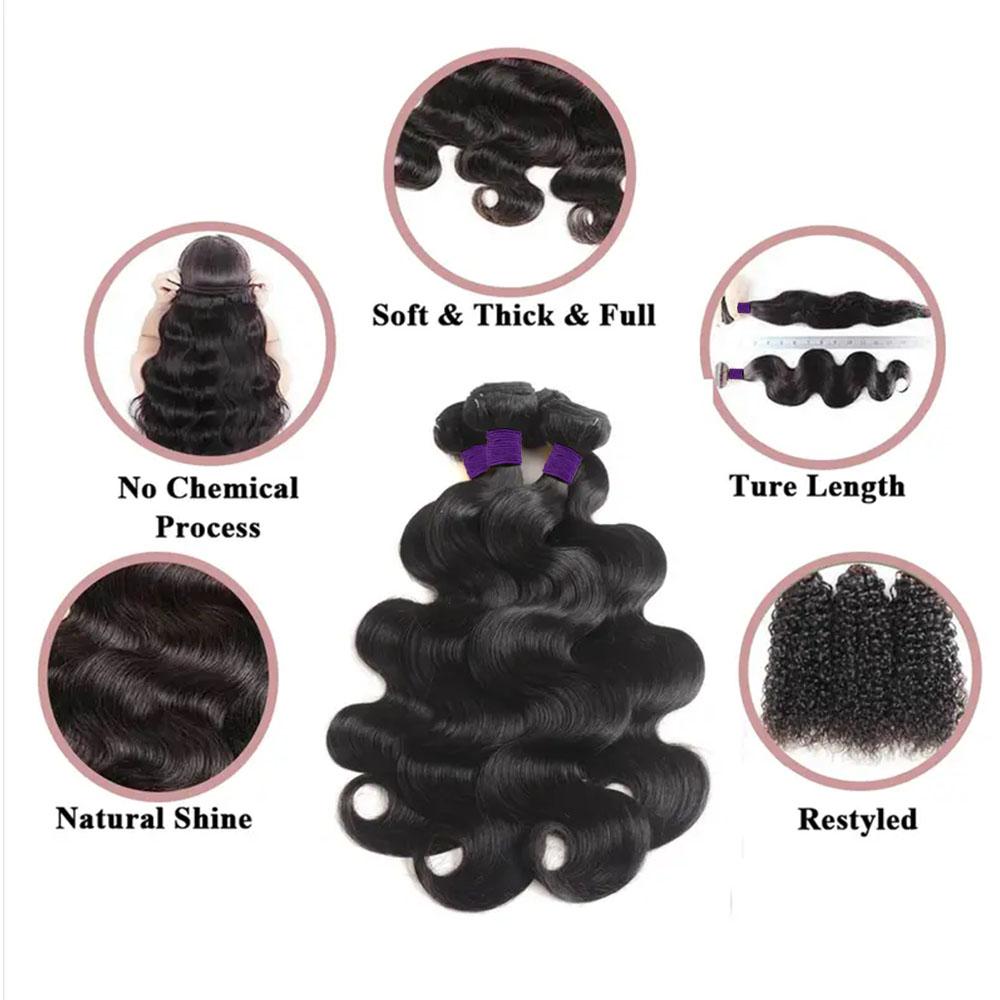 Body Wave Brazilian Virgin Hair Bundles 1 3 4 Pcs 100% Human Hair 12A Grade Remy Weave Natural Black 12-30 Inches Soft Combs Easily