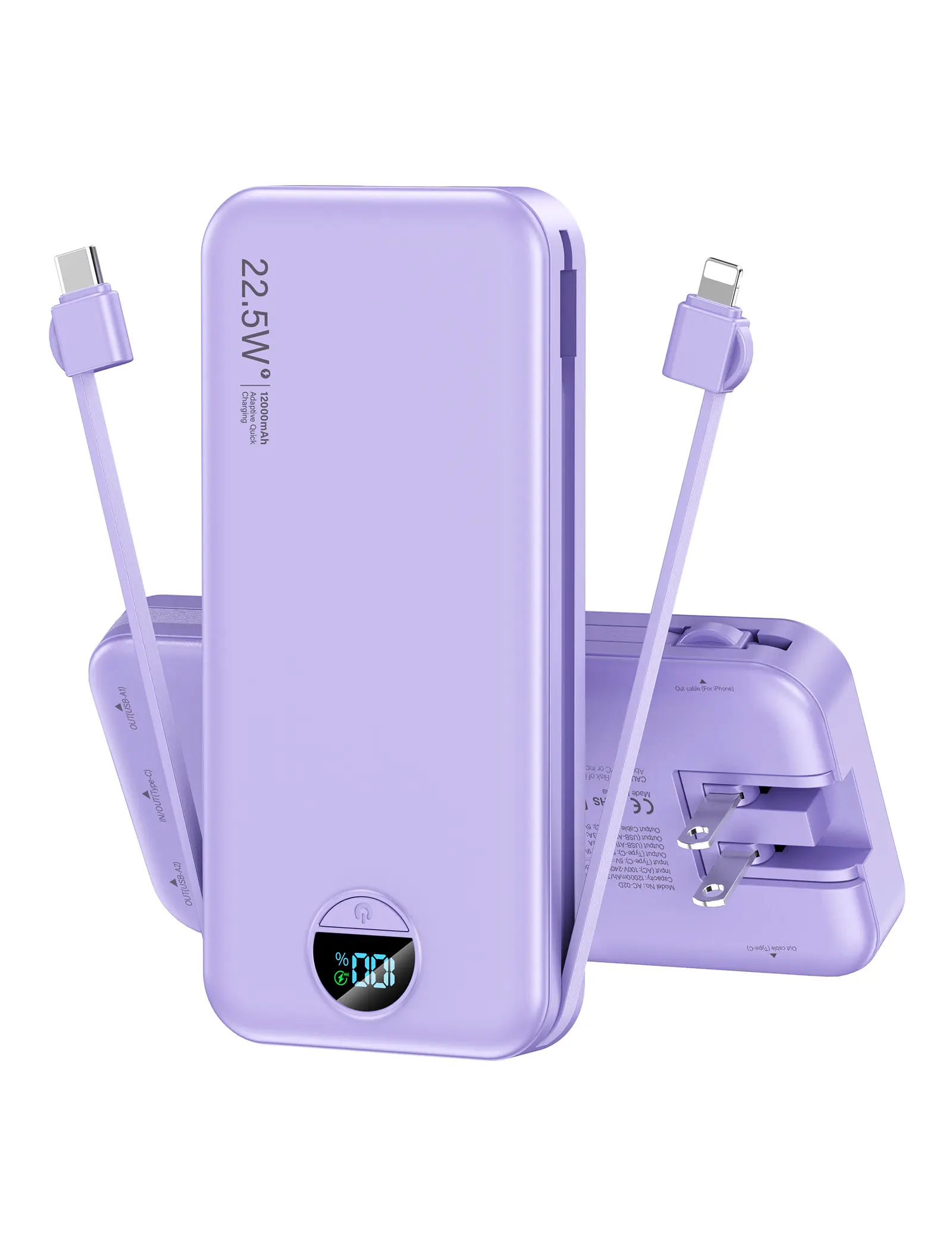 12000mAh Ultra Slim Power Bank Built-in Cables Wall Plug LED Display Portable Charger for iPhone 15 14 13 Samsung iPad Travel Back to School