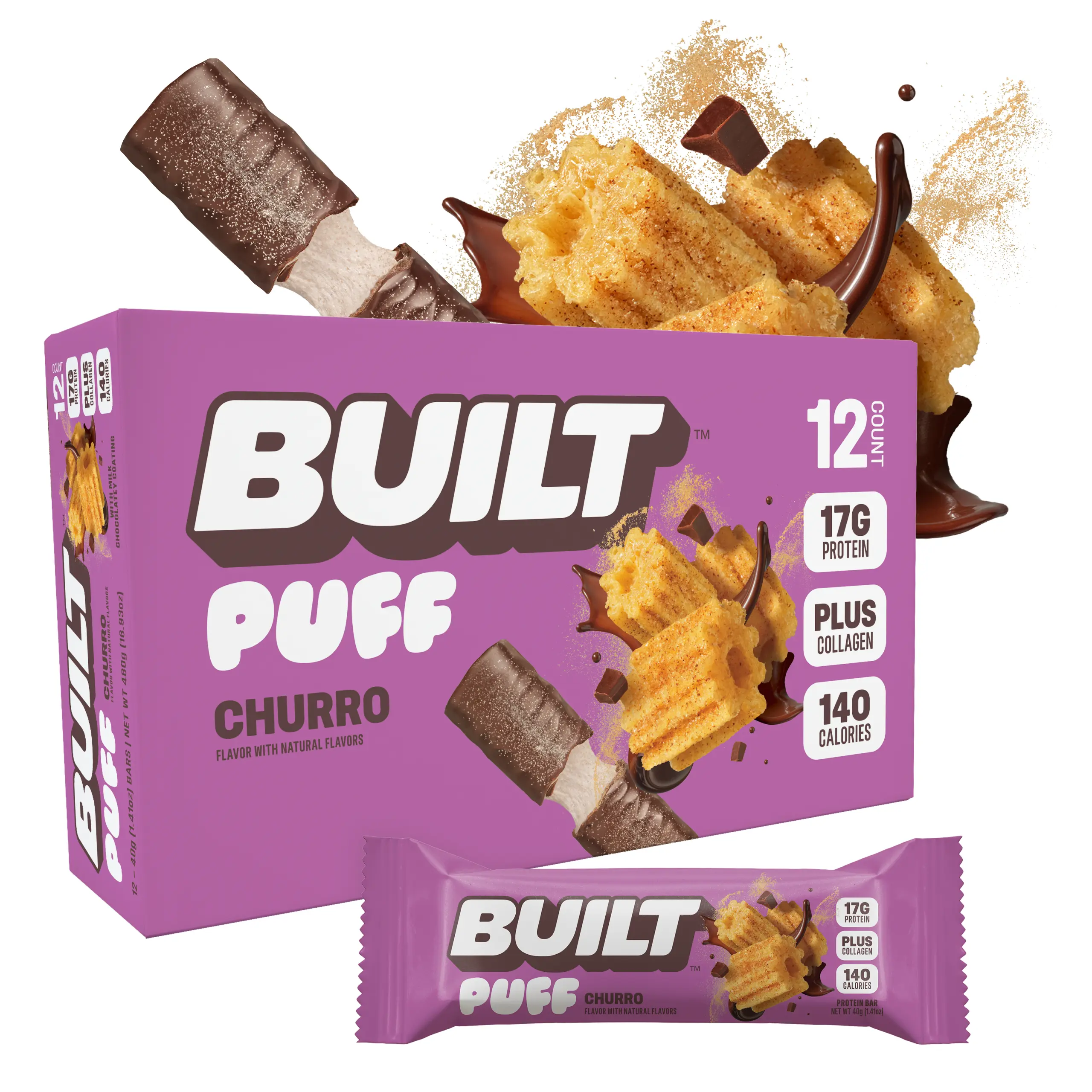 Official BUILT Bar, Puff Protein Bar Snacks, Churro Puff, 17g Protein, 140 Calories, Collagen, Gluten Free, Chocolate-y, Marshmallow-y Texture